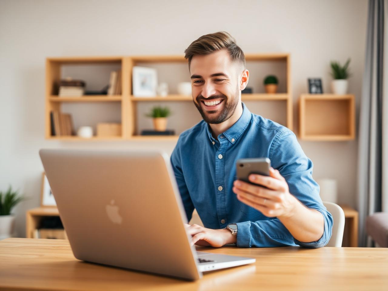 Panelist smiling while using his smartphone and laptop at home